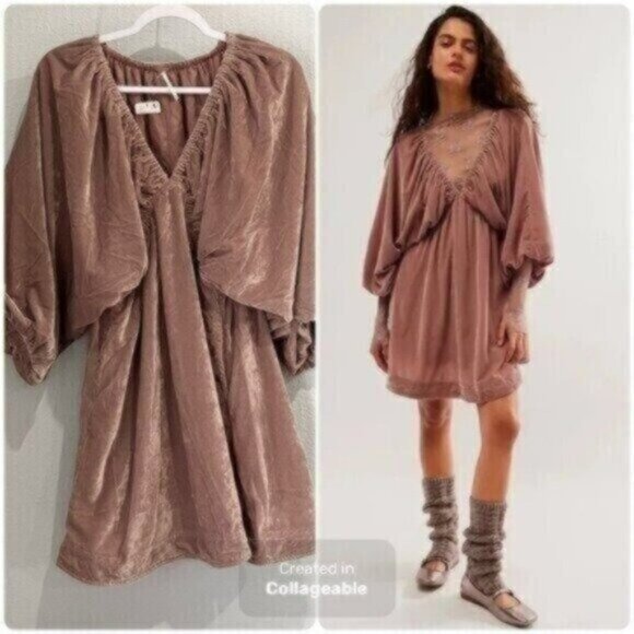 New Free People Boho Velvet Neutral Mini Dress Feminine Puff Sleeve V Neck - Picture 1 of 9